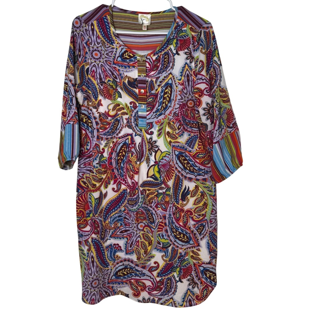 Fig and Flower Tunic Dress Women M Multi Color Paisley Boho 3/4 Sleeve POP2520C